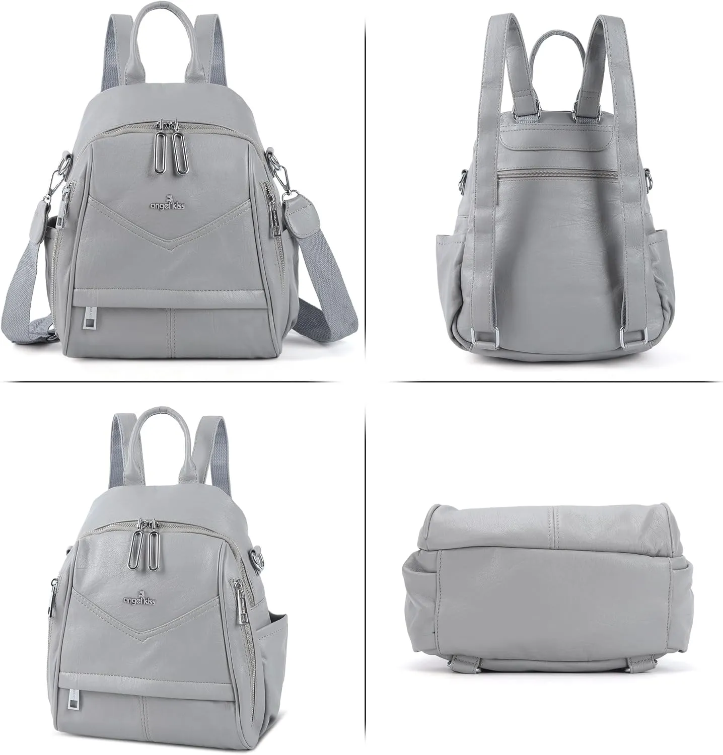 Angel Kiss Small Backpack Purse for Women,Soft Vegan Leather Roomy Backpacks,Designer Ladies Shoulder Backpack Fashion Handbag with Removable Strap,Grey