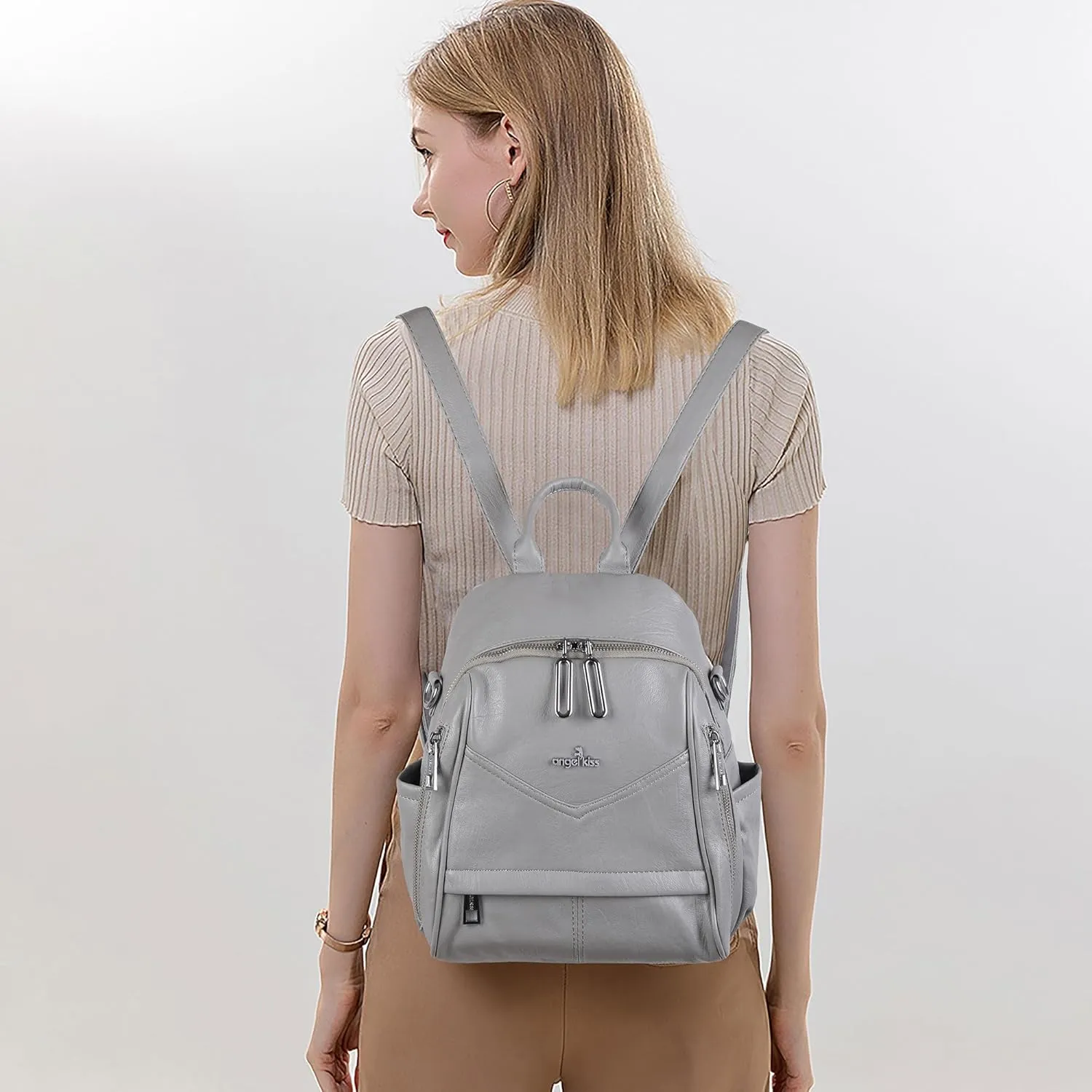 Angel Kiss Small Backpack Purse for Women,Soft Vegan Leather Roomy Backpacks,Designer Ladies Shoulder Backpack Fashion Handbag with Removable Strap,Grey