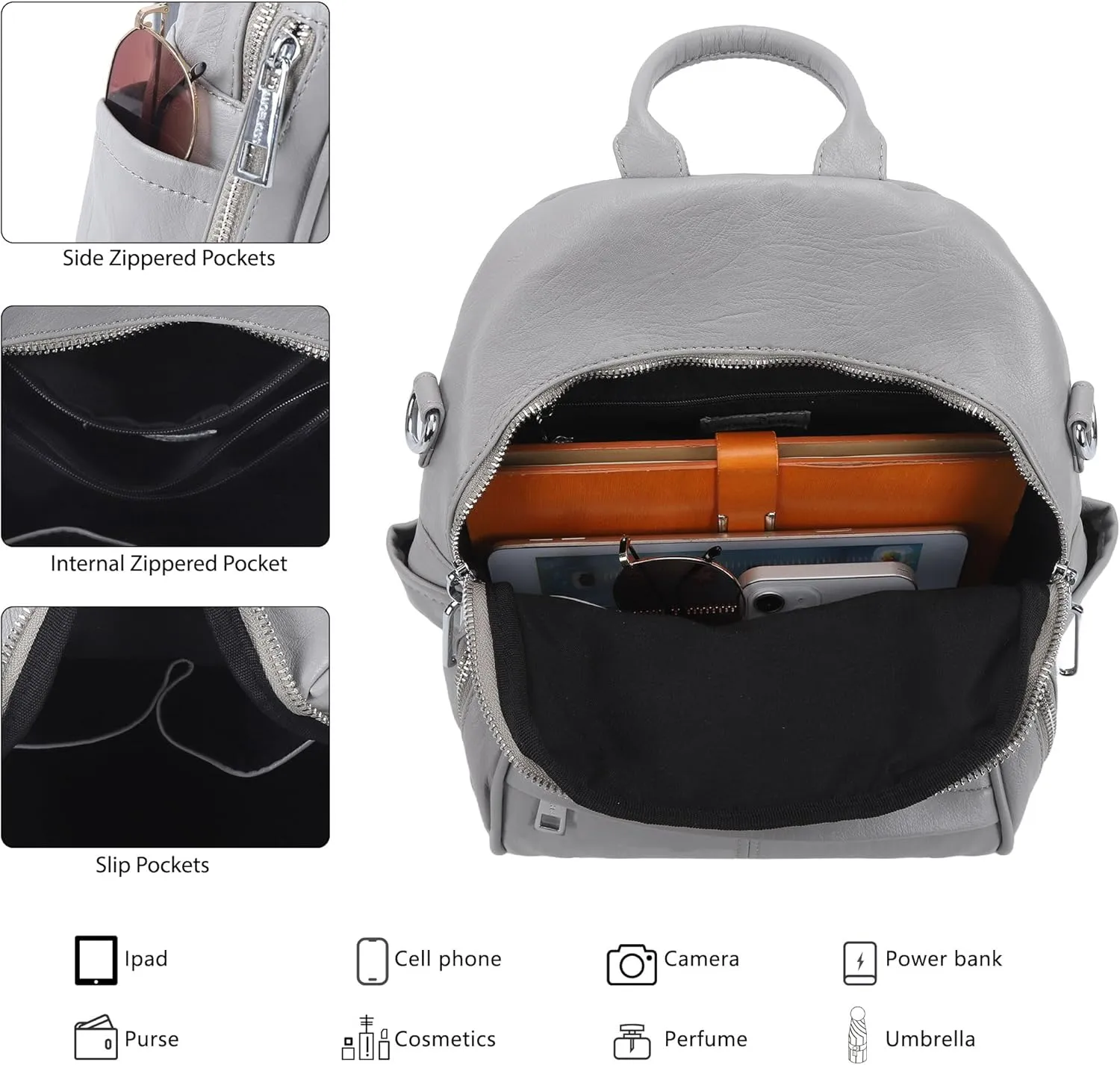 Angel Kiss Small Backpack Purse for Women,Soft Vegan Leather Roomy Backpacks,Designer Ladies Shoulder Backpack Fashion Handbag with Removable Strap,Grey