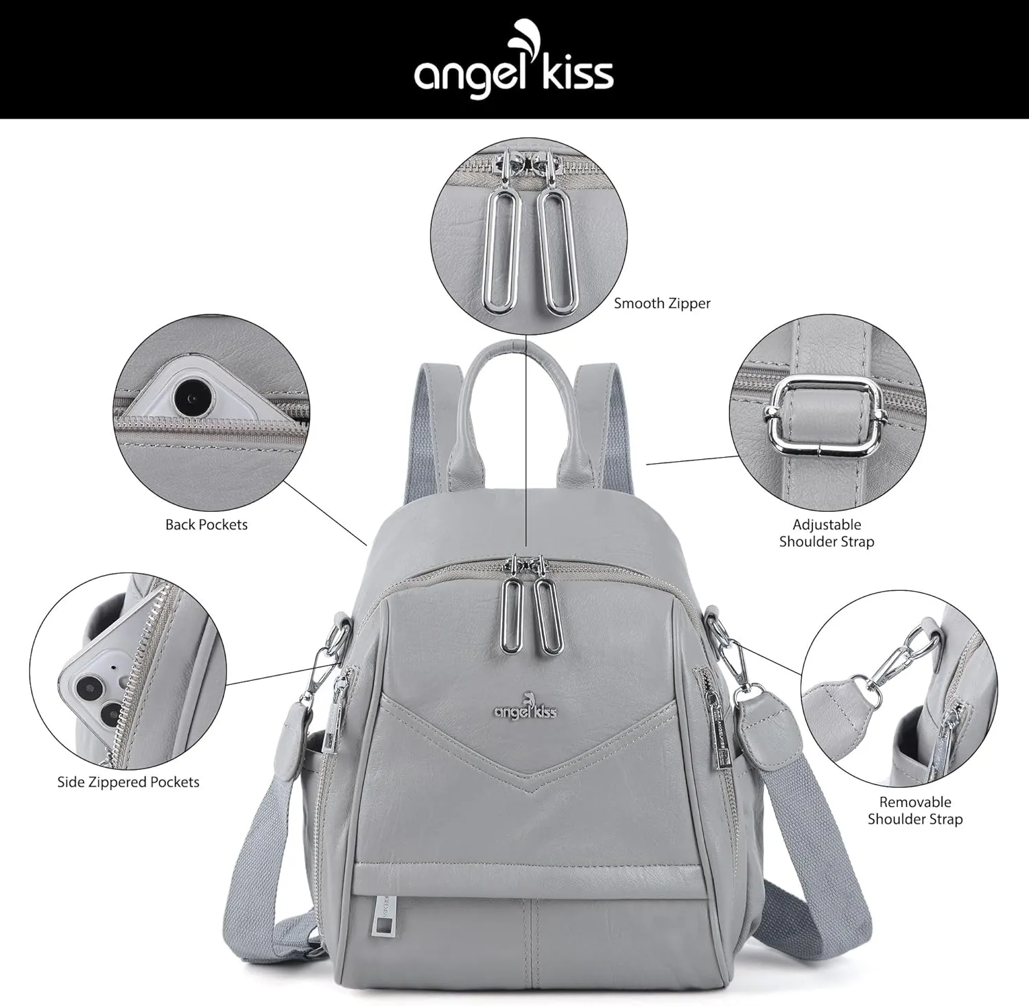 Angel Kiss Small Backpack Purse for Women,Soft Vegan Leather Roomy Backpacks,Designer Ladies Shoulder Backpack Fashion Handbag with Removable Strap,Grey