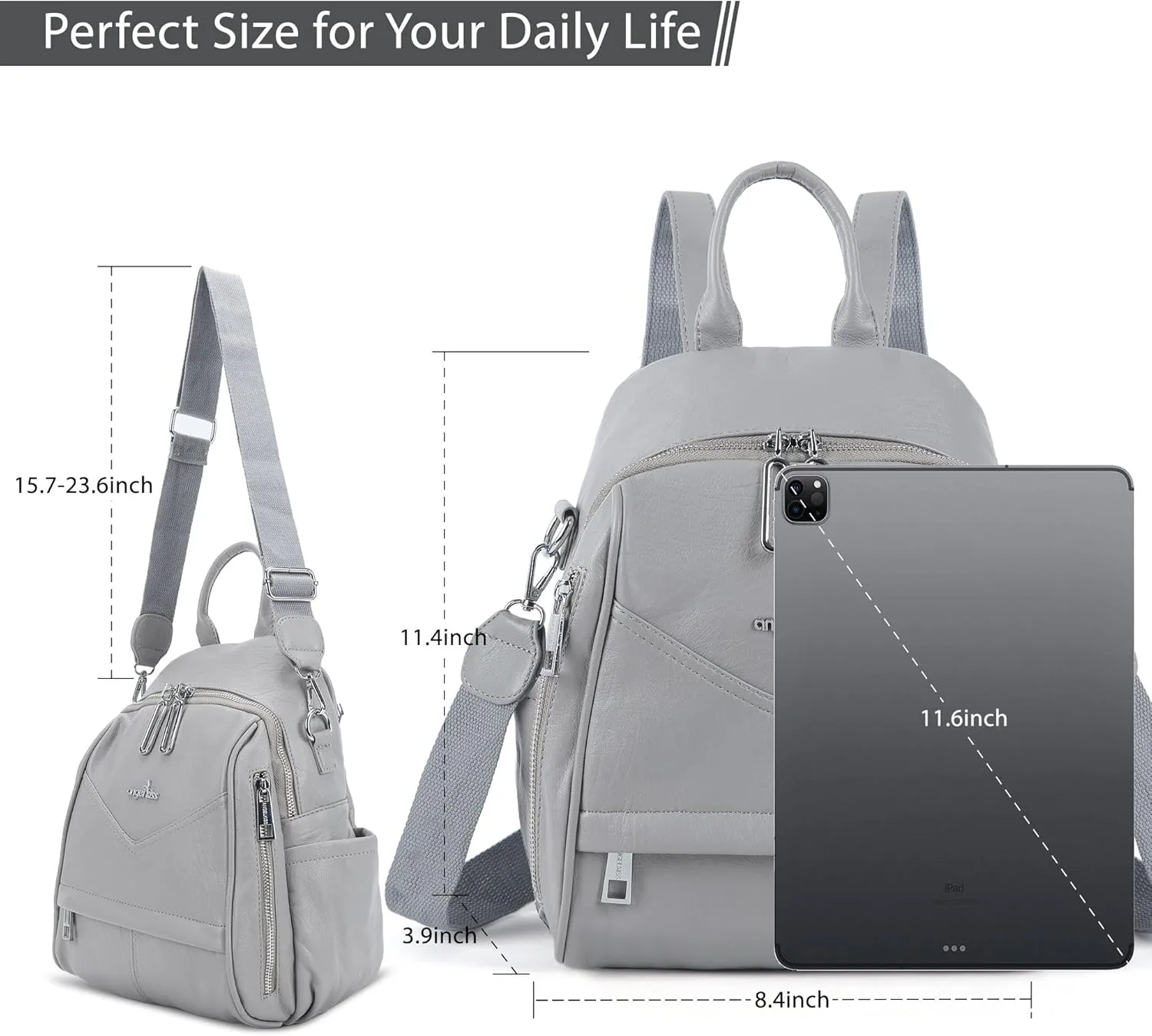 Angel Kiss Small Backpack Purse for Women,Soft Vegan Leather Roomy Backpacks,Designer Ladies Shoulder Backpack Fashion Handbag with Removable Strap,Grey
