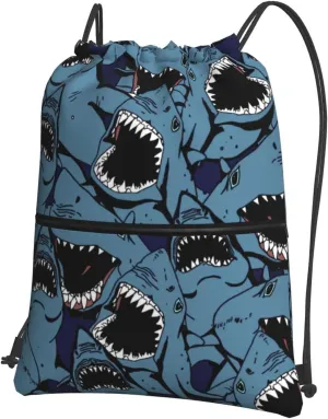 Angry Blue Open Mouth Great White Shark Drawstring Backpack Unisex Gym Bags Sport String Bag for Hiking Yoga Travel Swimming Beach 15 X 18 Inch
