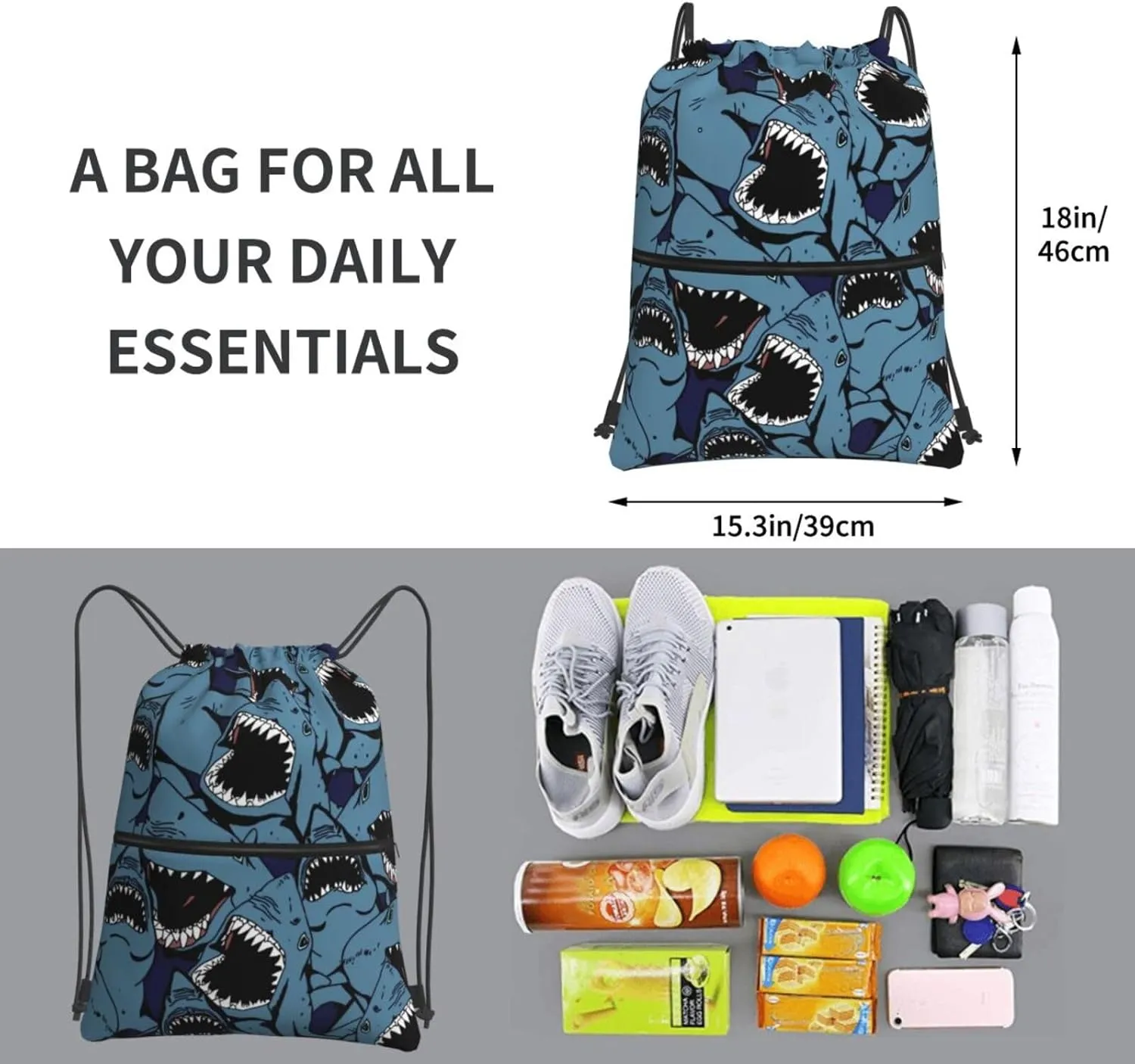 Angry Blue Open Mouth Great White Shark Drawstring Backpack Unisex Gym Bags Sport String Bag for Hiking Yoga Travel Swimming Beach 15 X 18 Inch