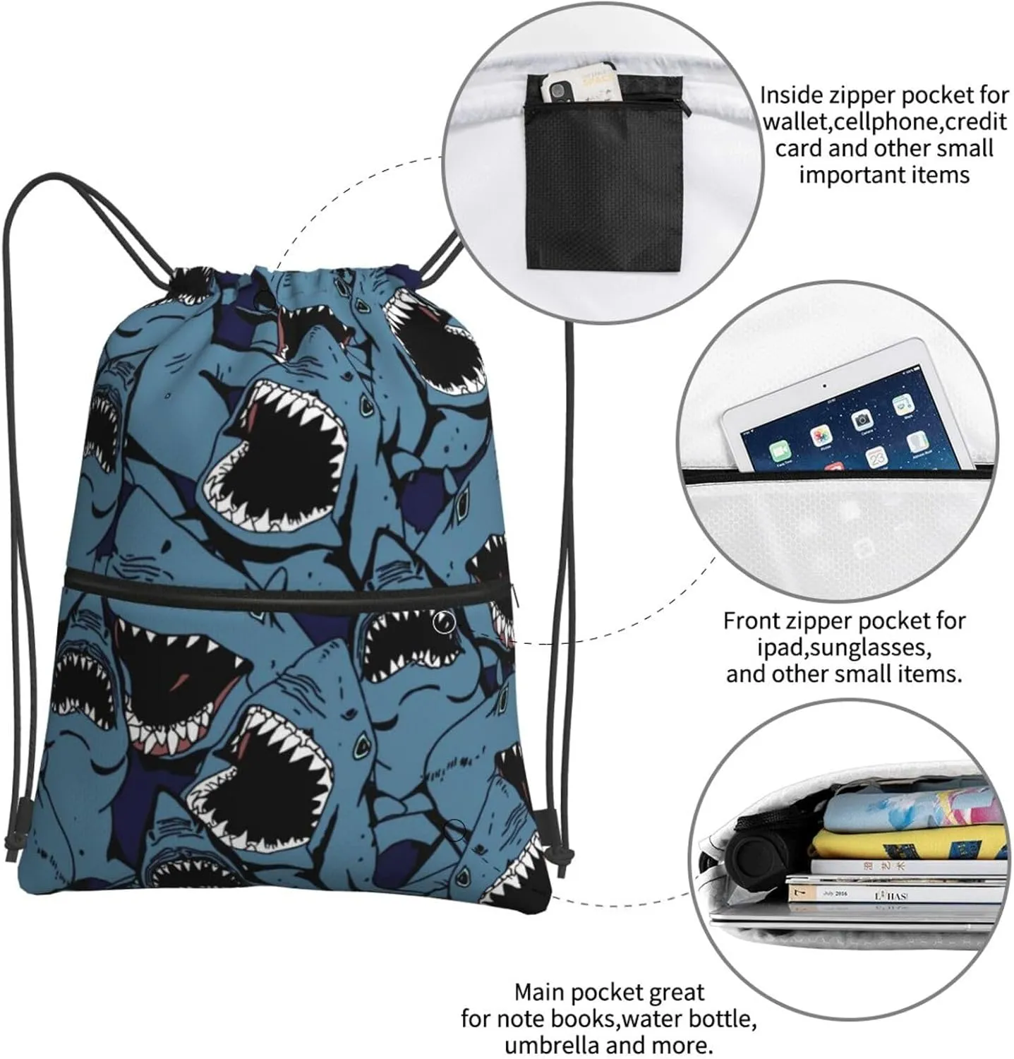 Angry Blue Open Mouth Great White Shark Drawstring Backpack Unisex Gym Bags Sport String Bag for Hiking Yoga Travel Swimming Beach 15 X 18 Inch