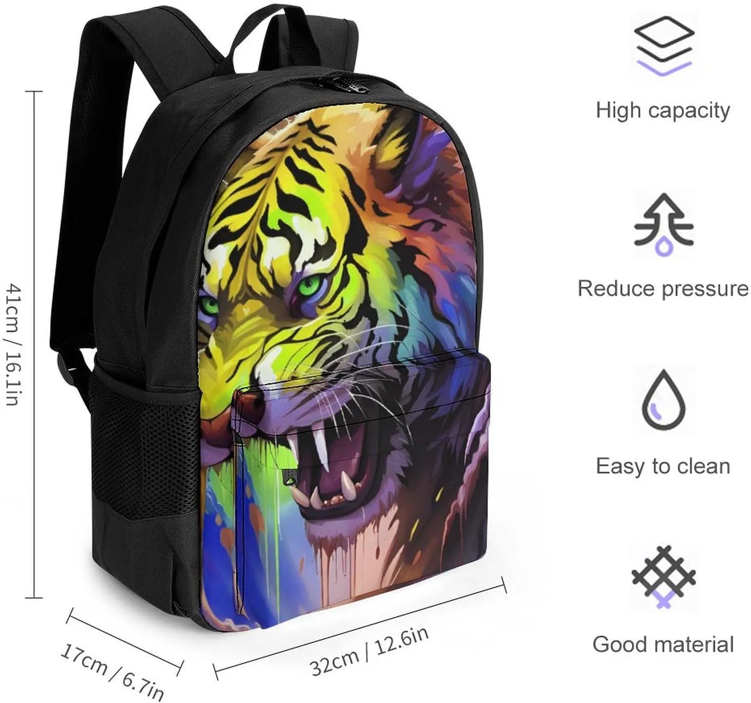 Angry Tiger Rainbow Animal Magic Art Rucksack Polyester Anti-Theft Multipurpose Carry On Bag Large Capacity Travel and Sport Backpack Rucksack With Smooth Zippers