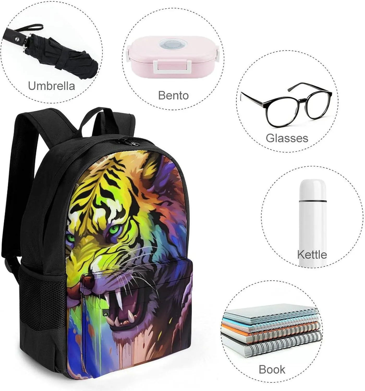 Angry Tiger Rainbow Animal Magic Art Rucksack Polyester Anti-Theft Multipurpose Carry On Bag Large Capacity Travel and Sport Backpack Rucksack With Smooth Zippers