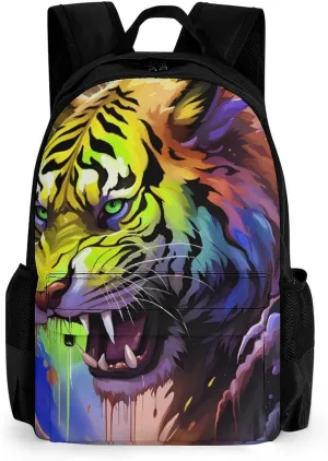 Angry Tiger Rainbow Animal Magic Art Rucksack Polyester Anti-Theft Multipurpose Carry On Bag Large Capacity Travel and Sport Backpack Rucksack With Smooth Zippers
