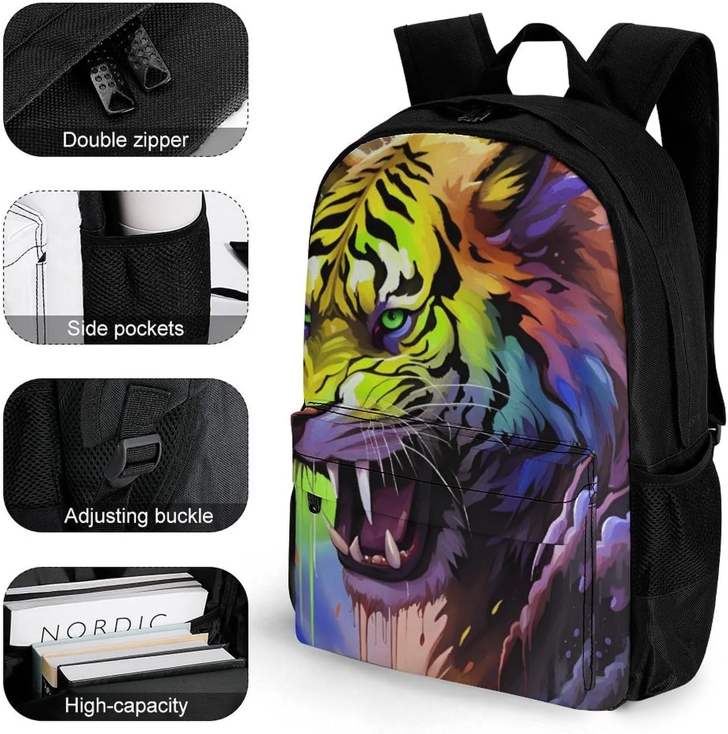 Angry Tiger Rainbow Animal Magic Art Rucksack Polyester Anti-Theft Multipurpose Carry On Bag Large Capacity Travel and Sport Backpack Rucksack With Smooth Zippers