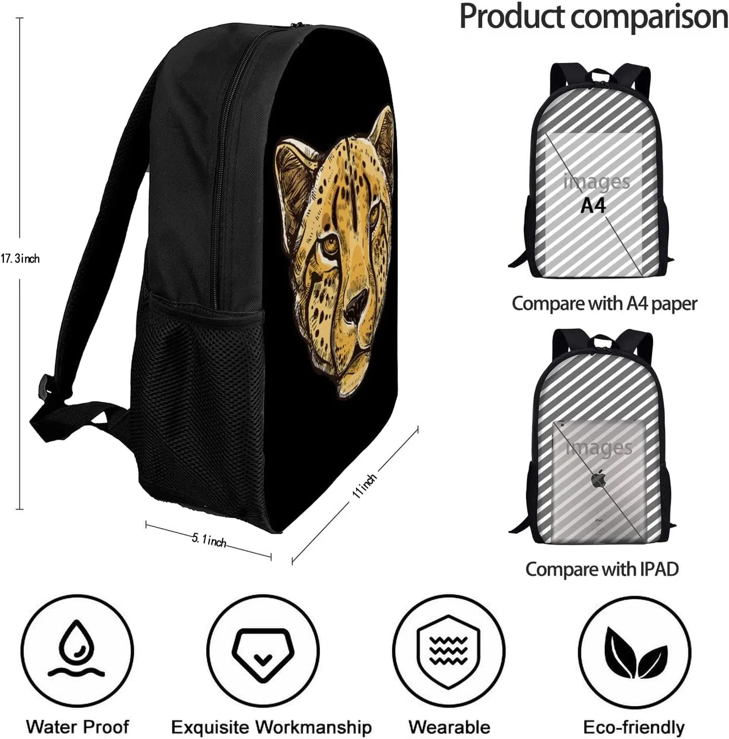 Animal Leopard Cheetah Head Art Backpack,Lightweight School College Bookbag Casual Student Travel Laptop Daypack - 17inch