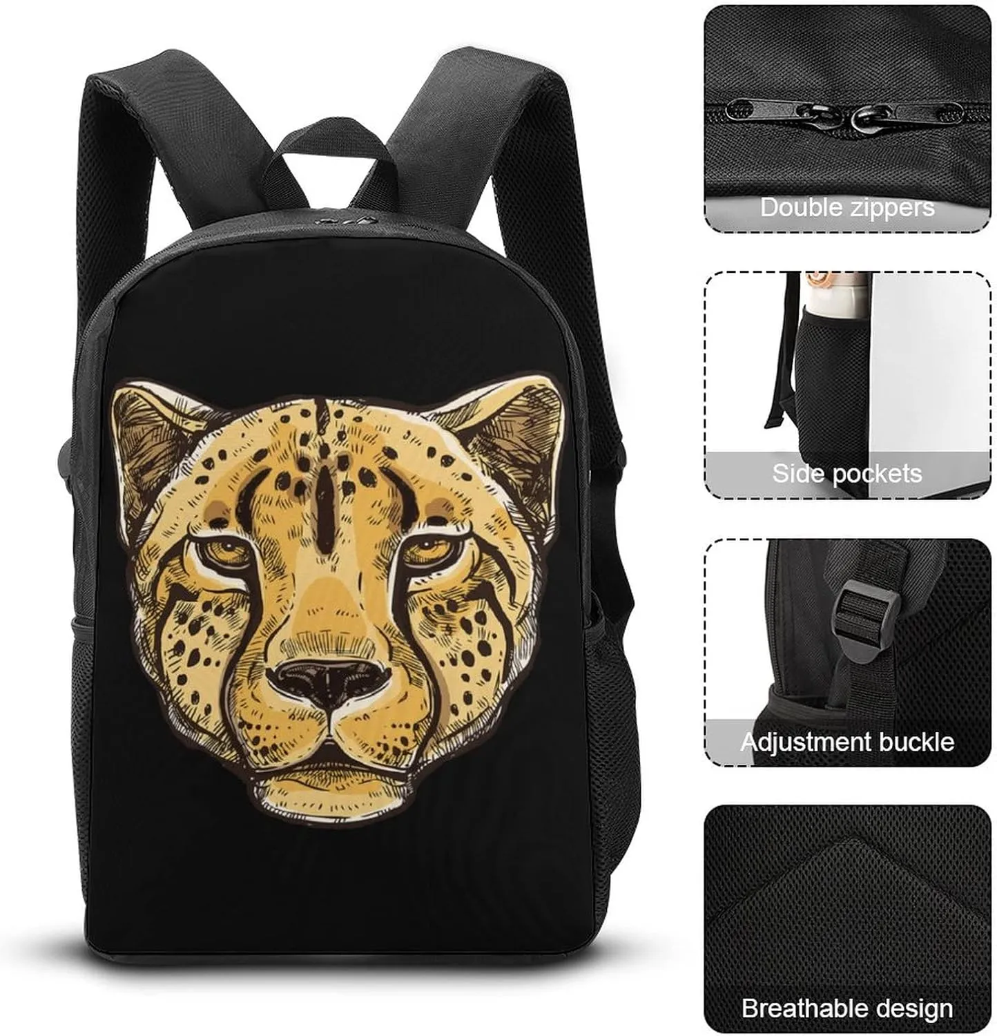Animal Leopard Cheetah Head Art Backpack,Lightweight School College Bookbag Casual Student Travel Laptop Daypack - 17inch