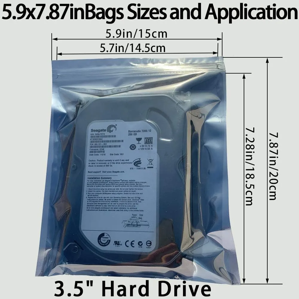 Anti Static Bags,100pcs 5.9x7.87in/15x20cm Premium ESD Bags Resealable for 3.5'' SSD HDD with 100pcs Labels, Antistatic Bag for Hand Drive or Varieties of Electronic Device