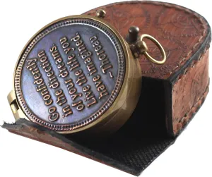 Antique Brass Pocket Compass with Leather Case 2 Inch Nautical Navigation Tool Engraved Go Confidently Quote Ideal Gift for Hiking Camping Travel Collectors