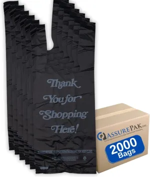 ASSUREPAK Strong Liquor Thank You T-Shirt Bags - 6"x4"x15" - 2000 Bags - 16 Mic - Black