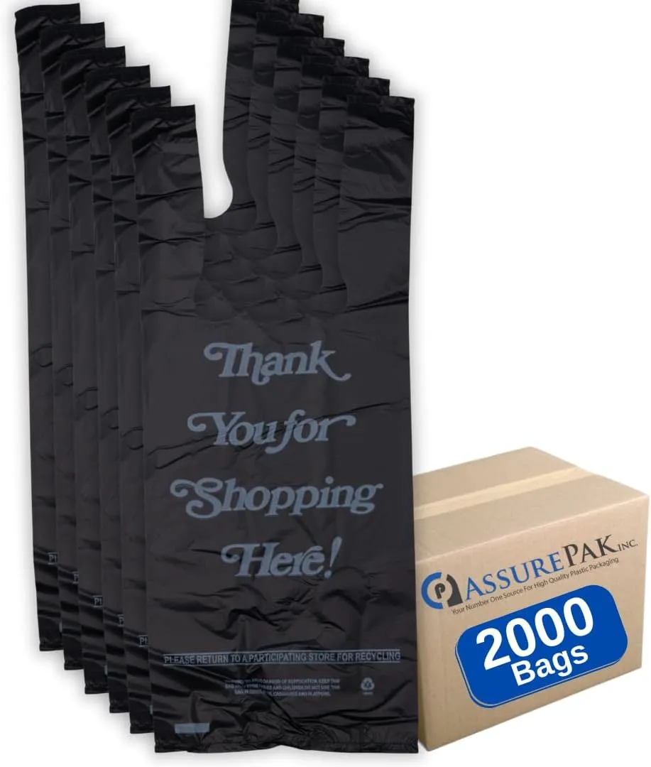 ASSUREPAK Strong Liquor Thank You T-Shirt Bags - 6"x4"x15" - 2000 Bags - 16 Mic - Black