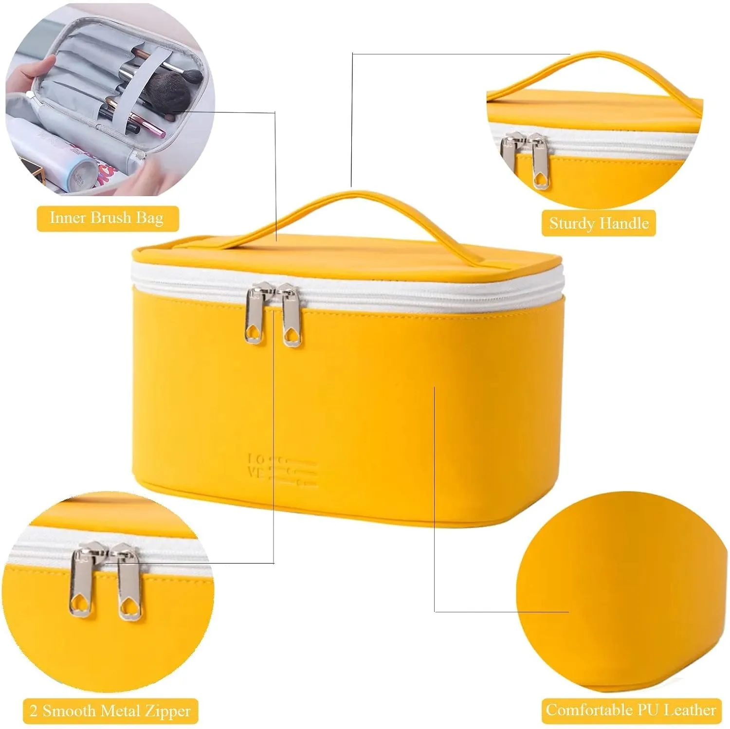 AUSEKALY Makeup Cosmetic Bag Sets 3 Pcs For Women Travel Toiletry Bag Cute Large Make Up Bag With Brush Bag   Small Cosmetic Pouch Yellow White