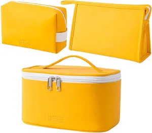 AUSEKALY Makeup Cosmetic Bag Sets 3 Pcs For Women Travel Toiletry Bag Cute Large Make Up Bag With Brush Bag   Small Cosmetic Pouch Yellow White