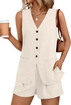AUTOMET Summer Sets for Women Two Piece Vacation Outfits Short Set Button Down Business Casual Dressy 2 Piece Clothes 2025