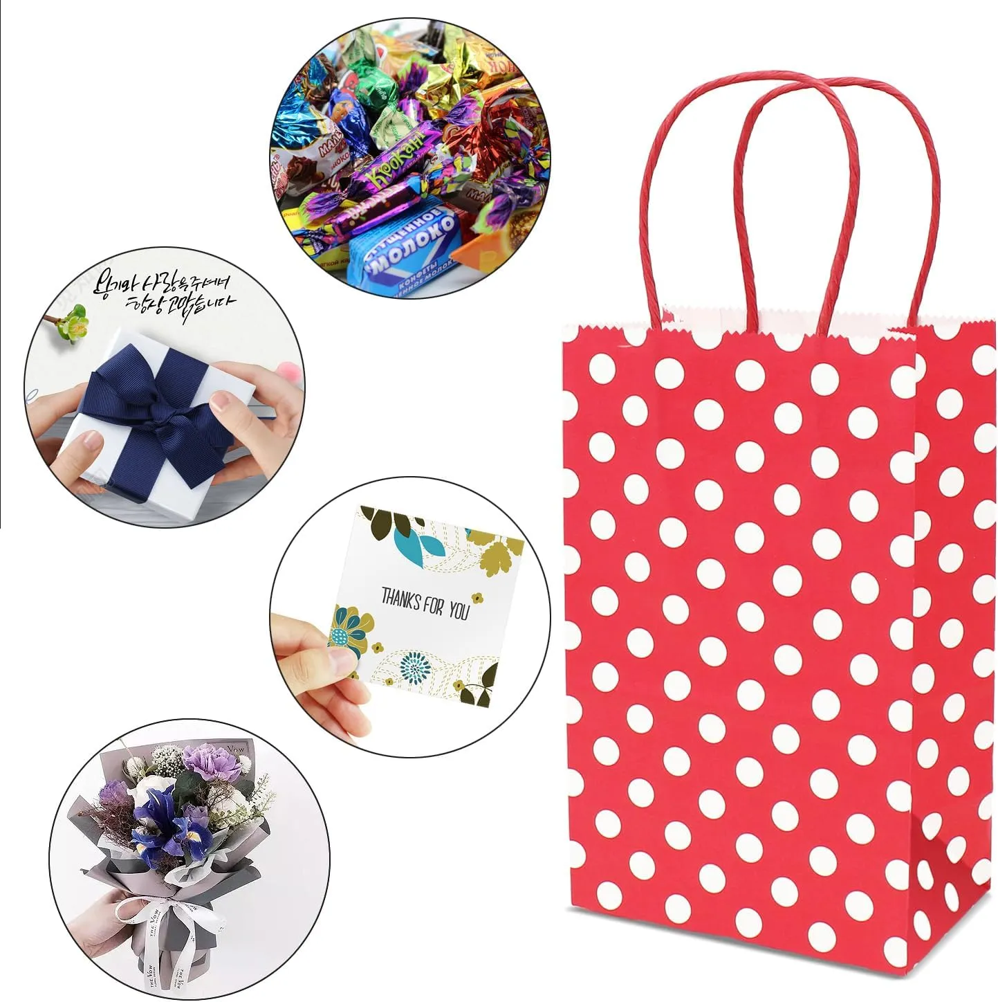 AZOWA Medium Polka Dot Gift Bags Kraft Paper Bags with Handles for Birthday Parties, Baby Shower, and Wedding (9.8 x 7.5 x 3.9 in, Red, 25 Pcs)