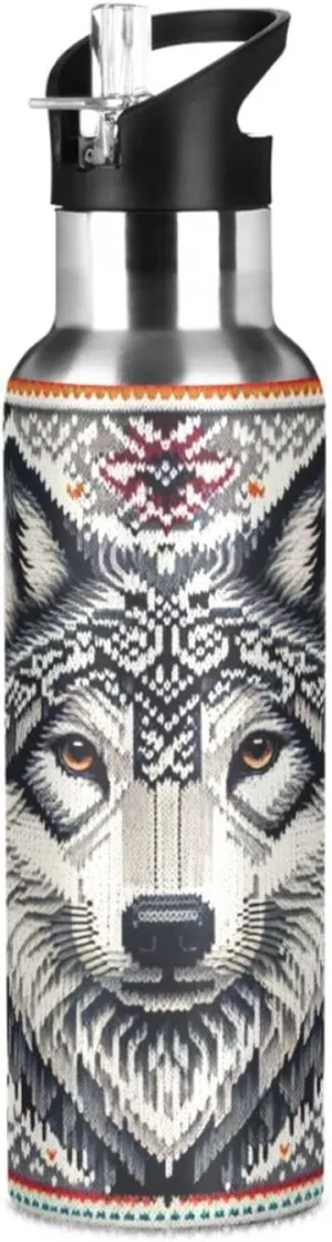 Aztec Navajo Wolf Insulated Water Bottle with Straw & Lid 22oz BPA Free Leakproof Stainless Steel Water Bottle Vacuum Double Wall Wide Mouth Sports Cup
