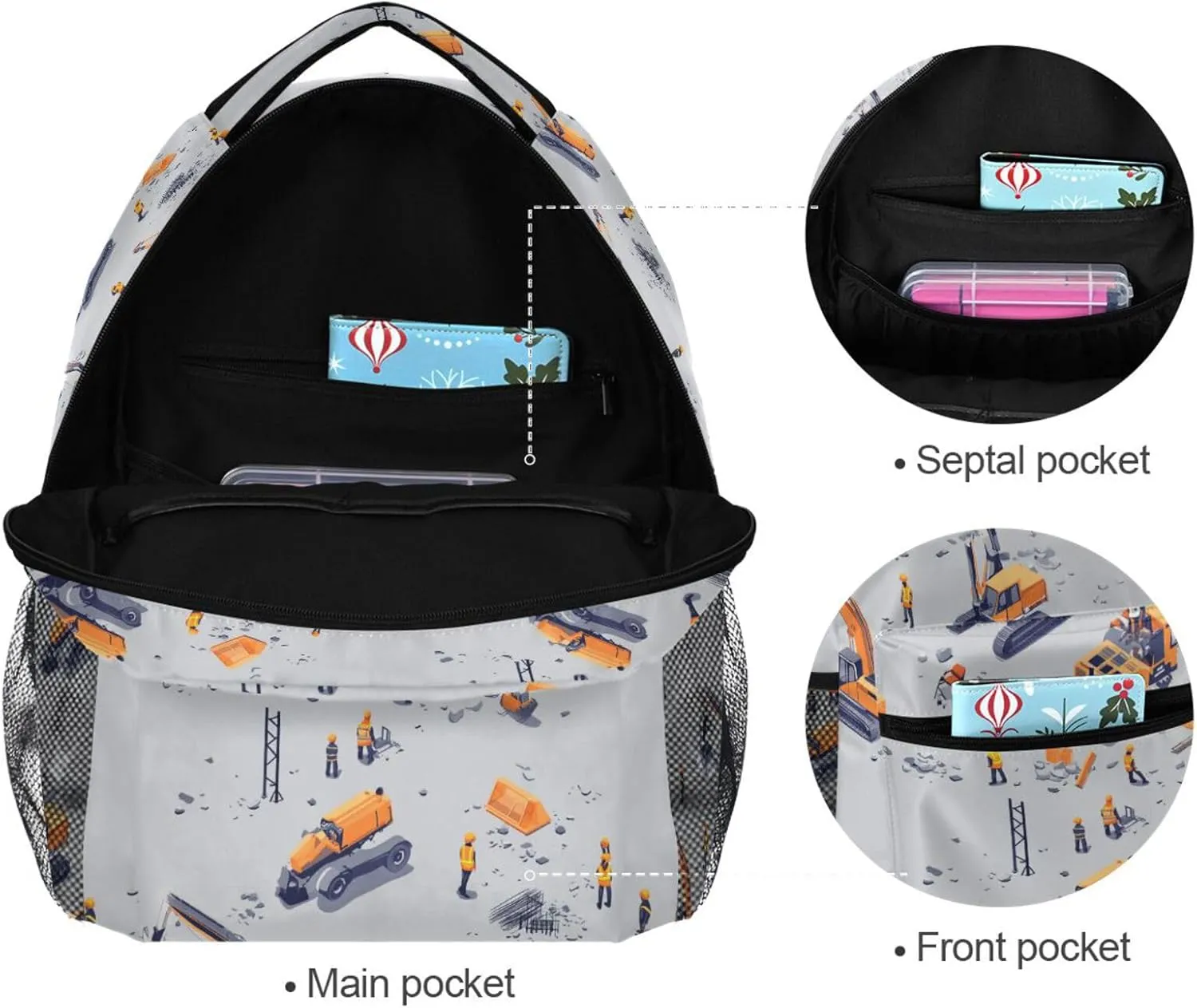 Backpacks for Teenager Fashion Stylish Travel Bags with Chest Strap for Travel Trip Construction Scene Build Tall Buildings Bulldozer
