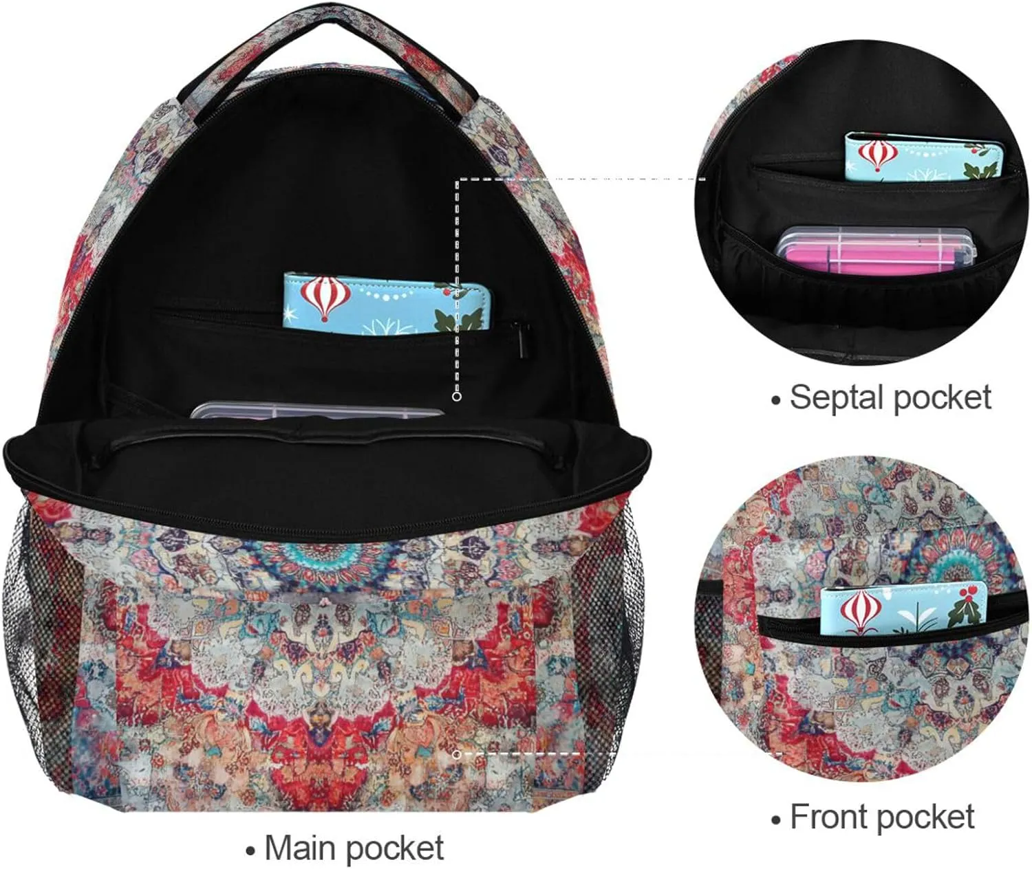 Backpacks for Unisex Adult Waterproof School Book Bag with Chest Strap for Travel Trip Bohemian Pattern Boho Vintage Mandala