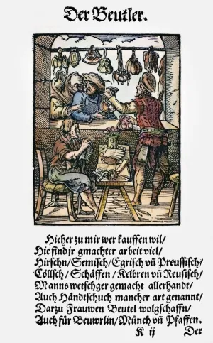 Bag Makers 1568 Nthe Making And Selling Of Leather Bags Pouches Purses And Gloves Woodcut 1568 By Jost Amman Poster Print by (24 x 36)