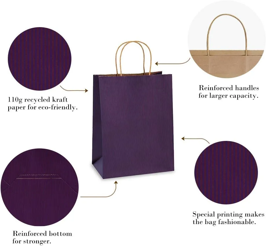 BagDream Gift Bags 8x4.25x10.5 Inches 100Pcs Purple Kraft Paper Bags with Handles Bulk, for Shopping, Retail, Merchandise, Party Favor, Craft, 100% Recyclable Paper Gift Sacks