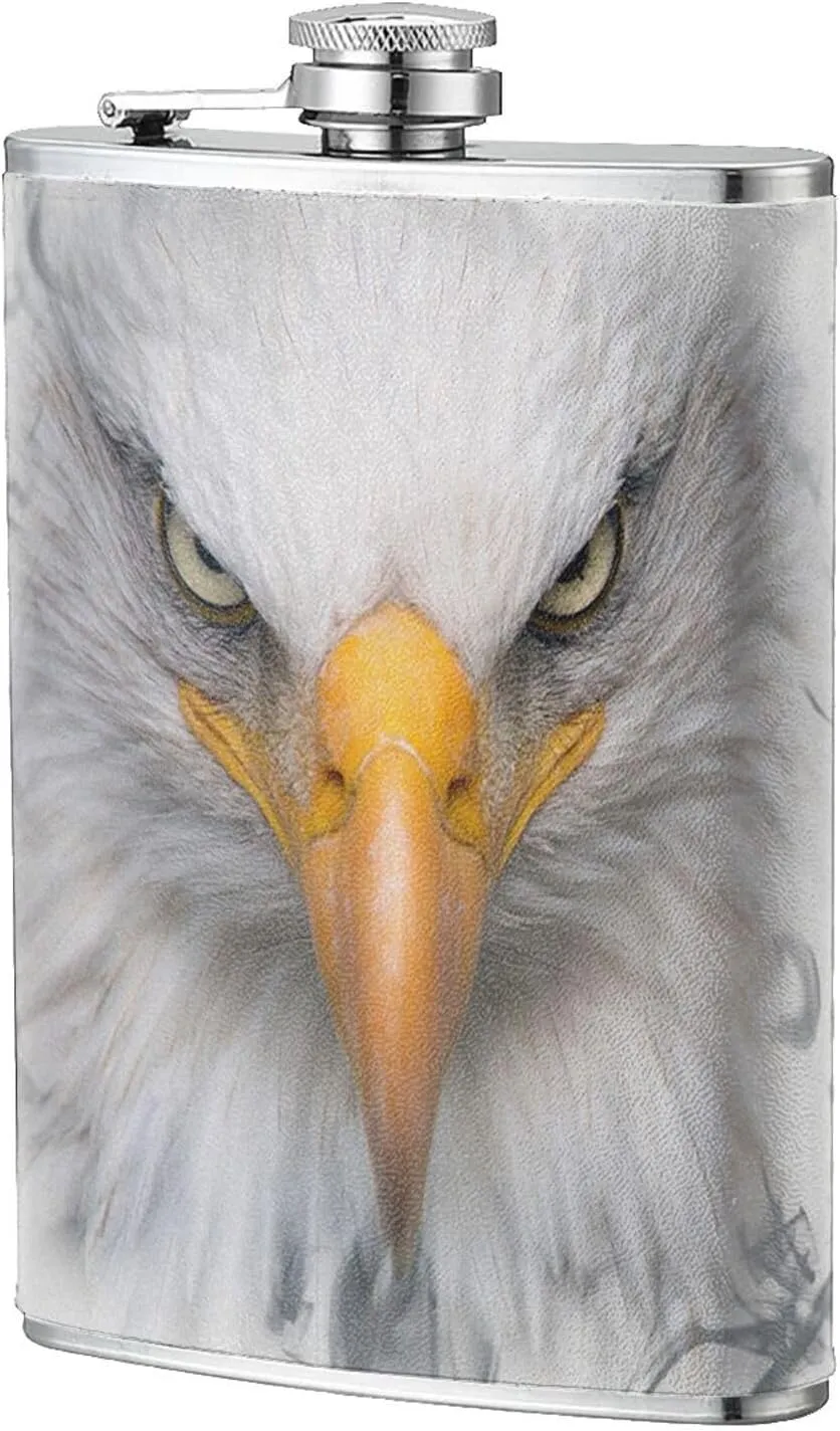 Bald Eagle In The Mist Classic Hip Flask 8 Oz, Stainless Steel Leakproof Hip Flask, Leather Wrapped With Lid
