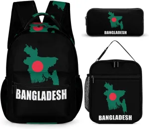 Bangladesh Flag Bangladeshi Map 3 Pcs Backpacks Set Combination 16“ Travel Backpack Portable Lunch Bag Pencil Case for Unisex
