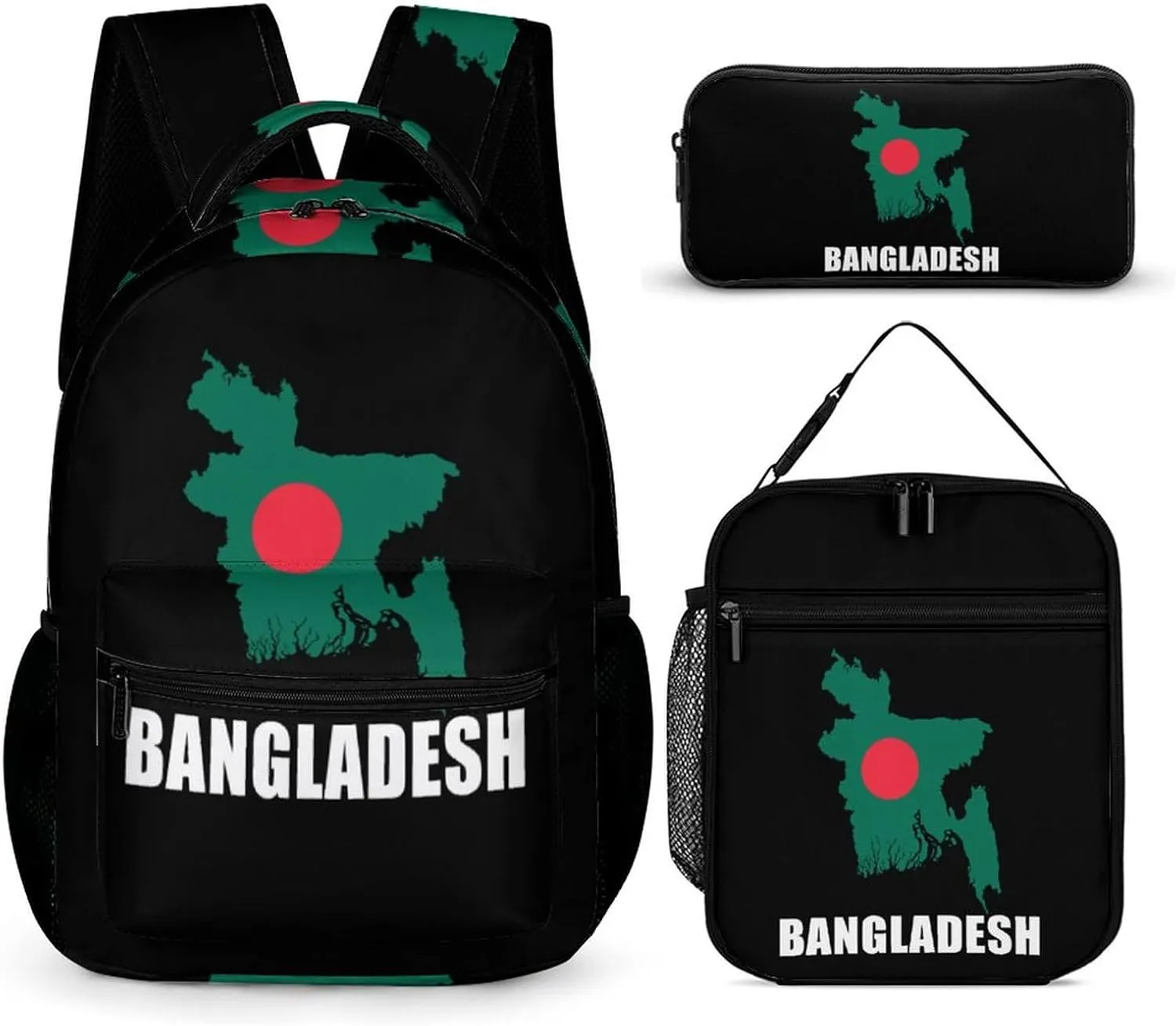 Bangladesh Flag Bangladeshi Map 3 Pcs Backpacks Set Combination 16“ Travel Backpack Portable Lunch Bag Pencil Case for Unisex