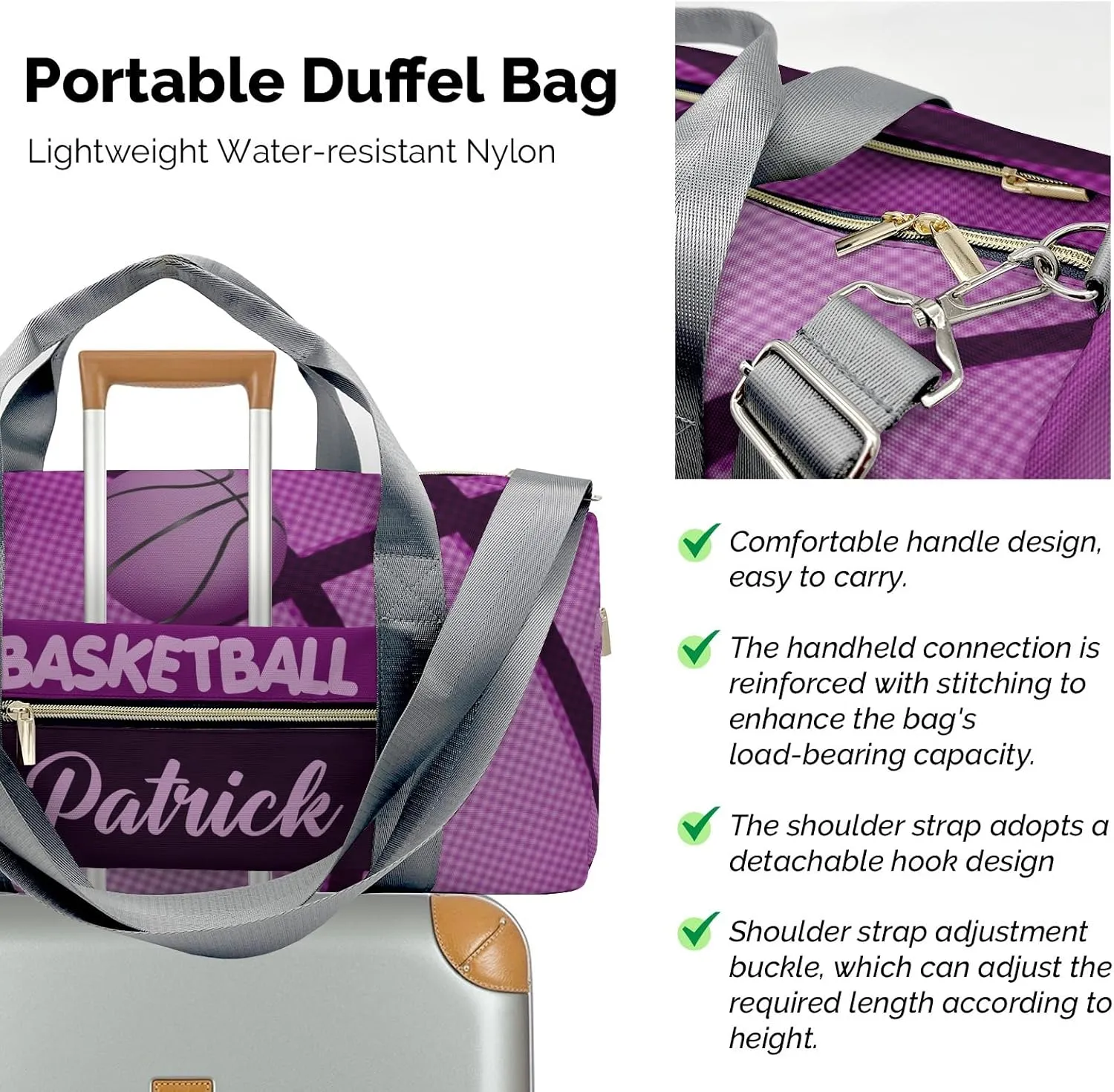 Basketball Print Purple Customized Duffel Bags Weekender Overnight Bag Travel Bag Personalized Gift Daypack