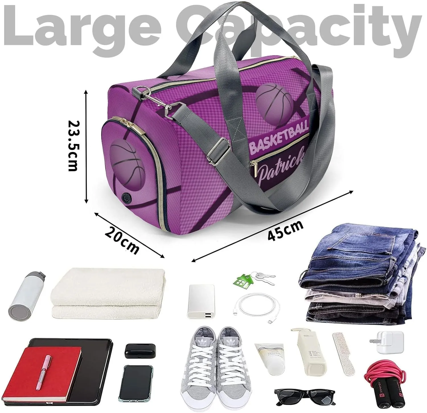 Basketball Print Purple Customized Duffel Bags Weekender Overnight Bag Travel Bag Personalized Gift Daypack