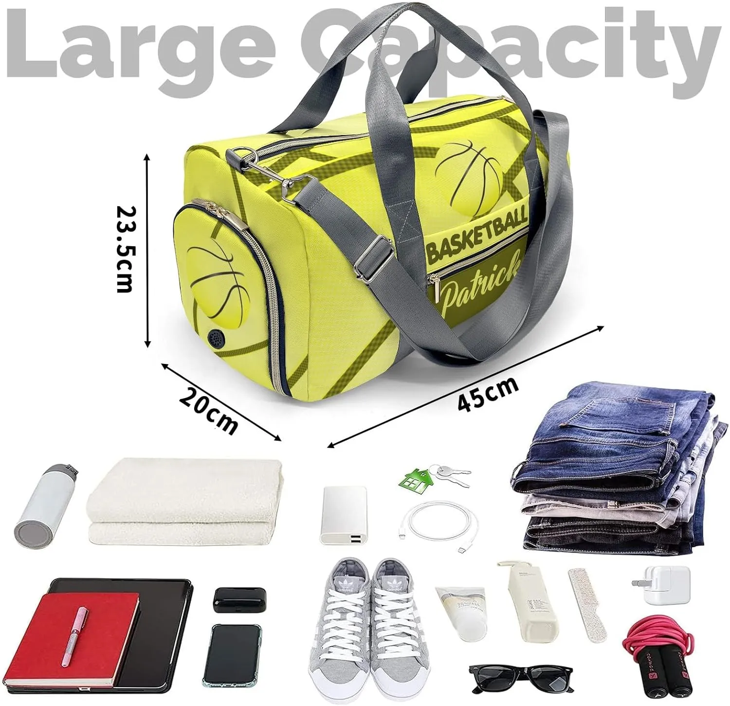 Basketball Print Yellow Waterproof Duffel Bag Adjustable Shoulder Strap Perform Training Travel Bag for Boys Girls Teens Women Men