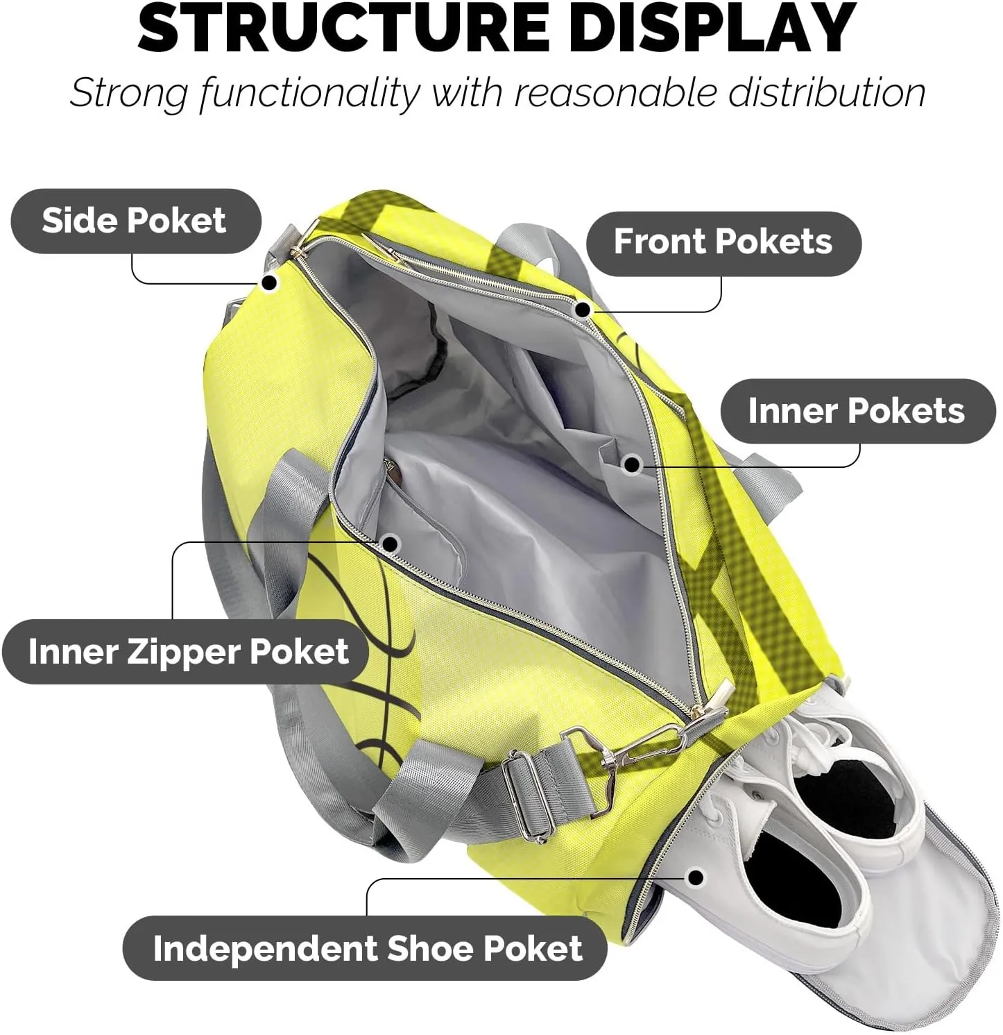 Basketball Print Yellow Waterproof Duffel Bag Adjustable Shoulder Strap Perform Training Travel Bag for Boys Girls Teens Women Men