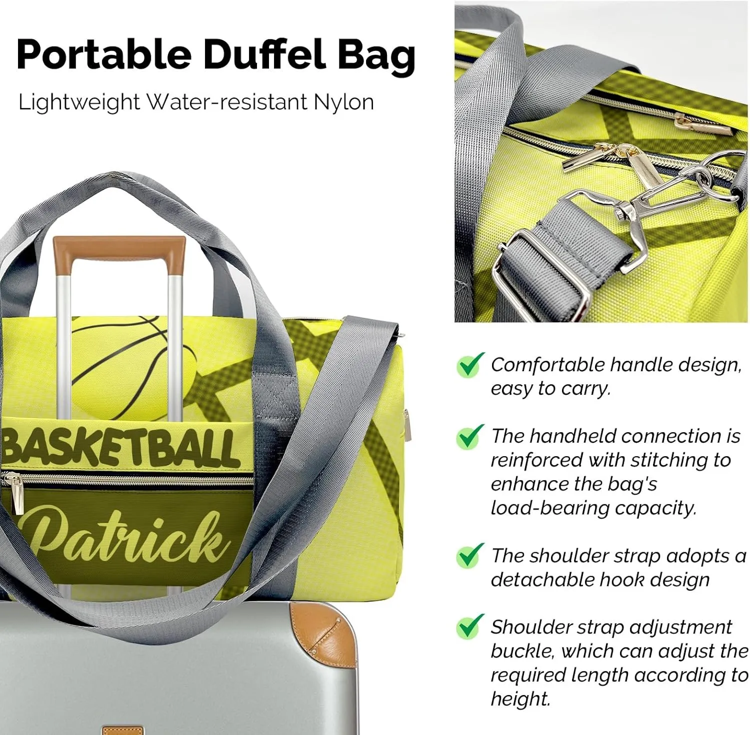 Basketball Print Yellow Waterproof Duffel Bag Adjustable Shoulder Strap Perform Training Travel Bag for Boys Girls Teens Women Men