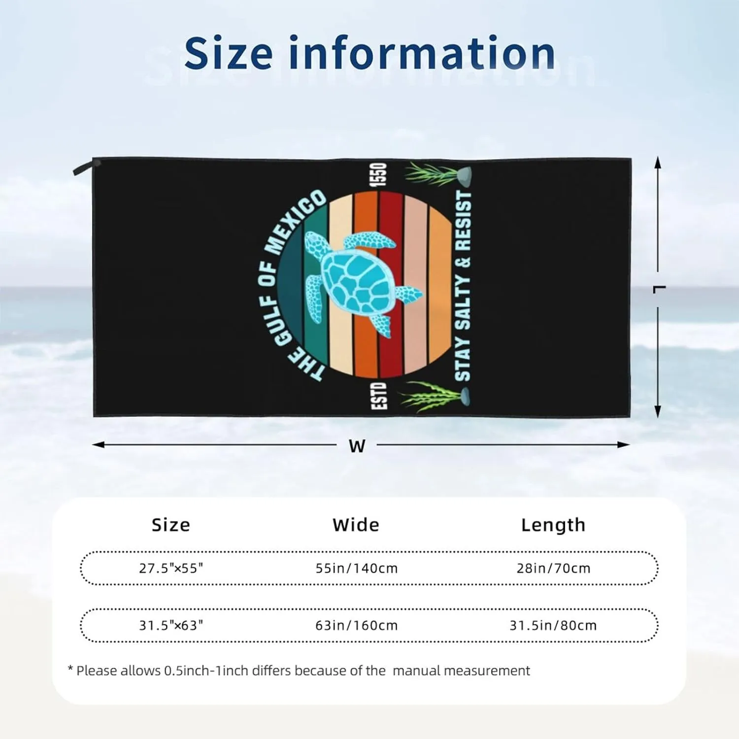 Bath Towels 31.5x63in The Gulf of Mexico Estd 1550 Stay Salty and Resist Sea ​​Turtle Microfiber Lightweight Beach Towel Quick Dry Towel Travel Swim Pool Yoga Gym Camping Outdoor Adventures