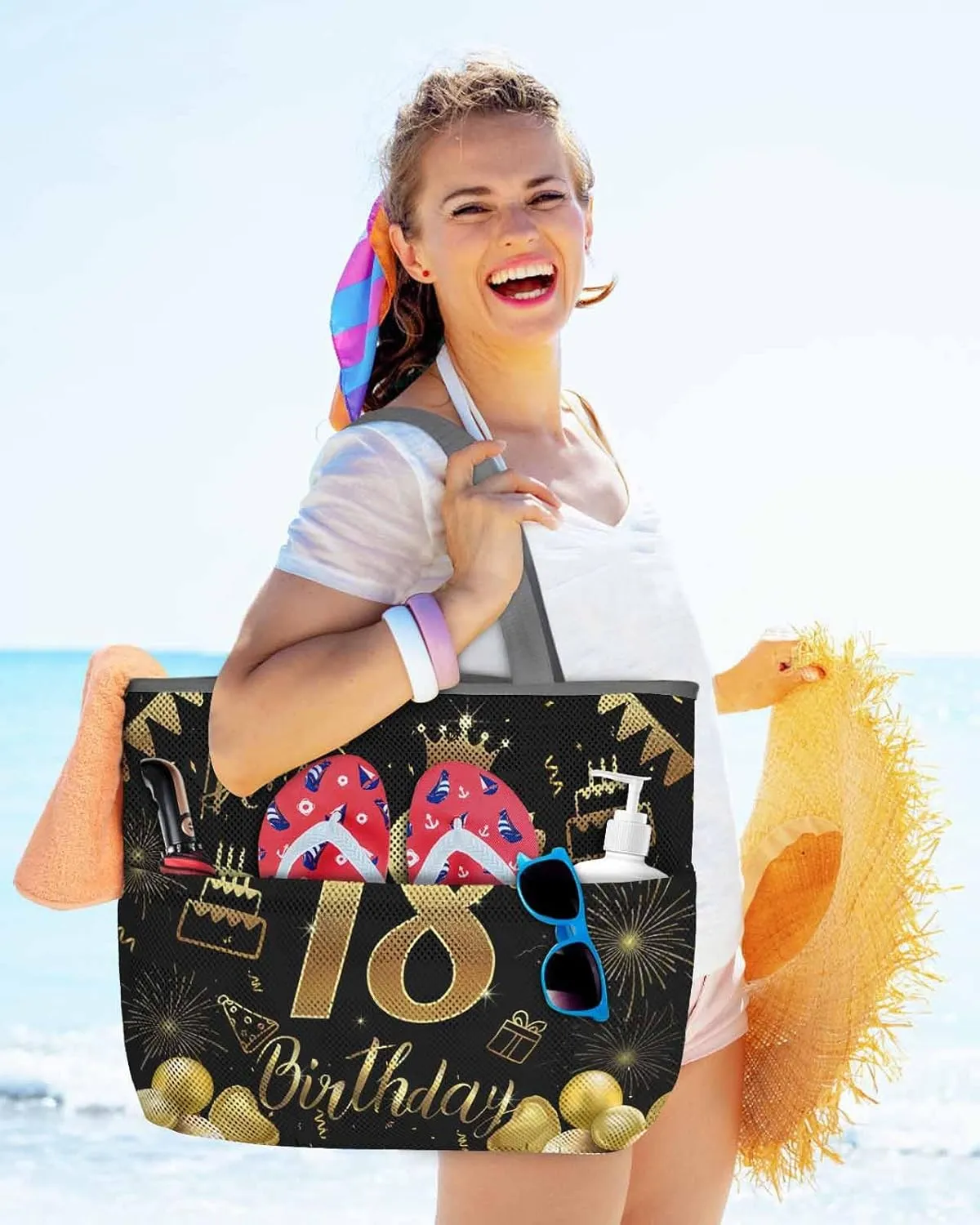 Beach Bag for Women Mesh Tote Bags Happy 18th Birthday Celebration Pool Bag with Pockets Travel Tote Bags