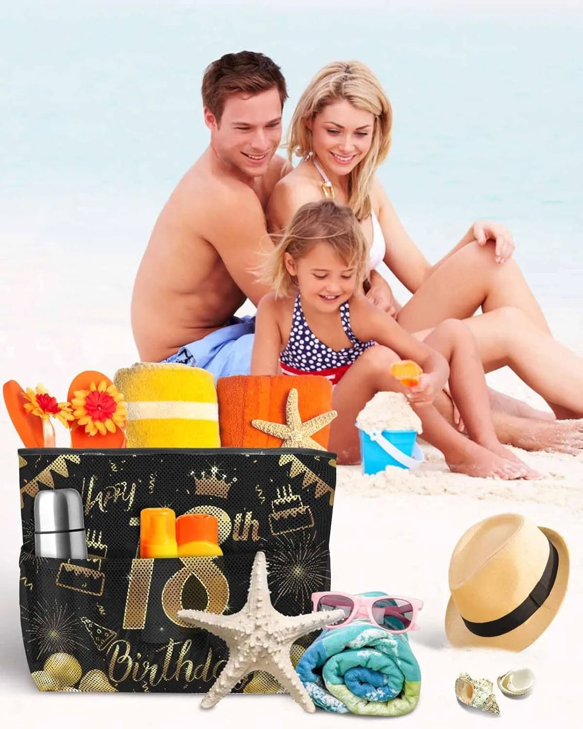 Beach Bag for Women Mesh Tote Bags Happy 18th Birthday Celebration Pool Bag with Pockets Travel Tote Bags