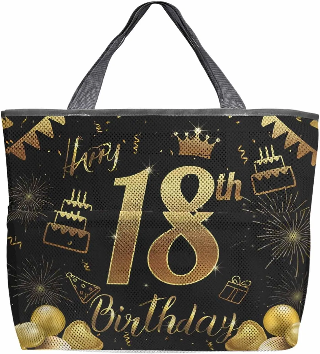 Beach Bag for Women Mesh Tote Bags Happy 18th Birthday Celebration Pool Bag with Pockets Travel Tote Bags