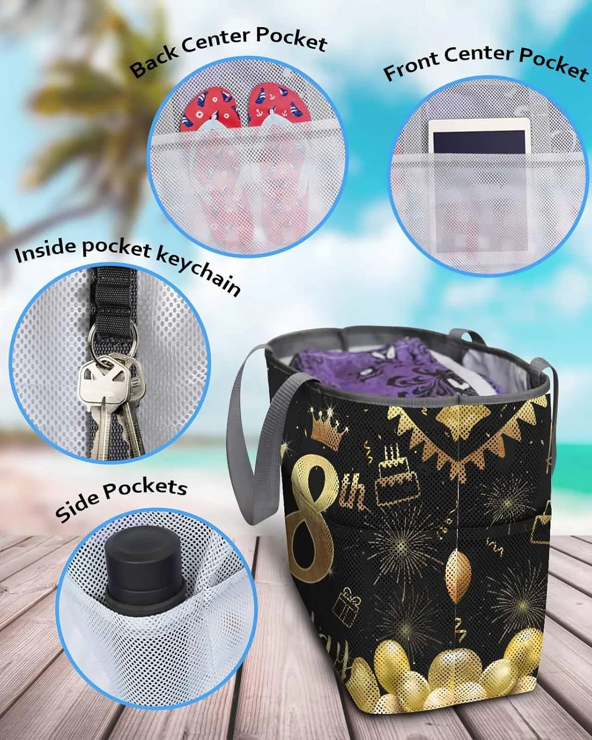 Beach Bag for Women Mesh Tote Bags Happy 18th Birthday Celebration Pool Bag with Pockets Travel Tote Bags