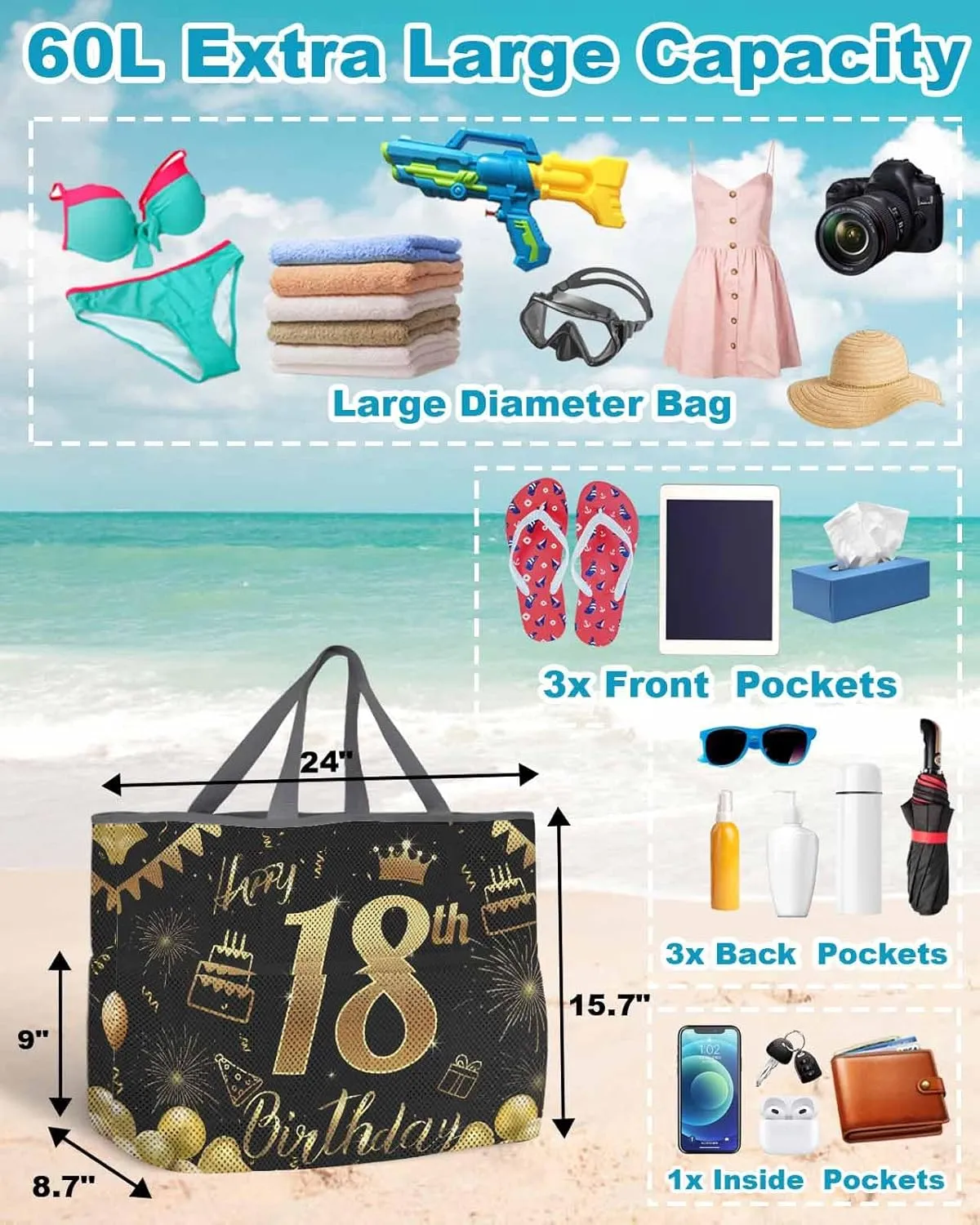 Beach Bag for Women Mesh Tote Bags Happy 18th Birthday Celebration Pool Bag with Pockets Travel Tote Bags