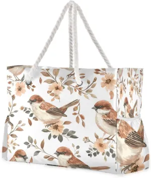 Beach Bag - Large Tote Bags for Women Sparrow Flower Pattern Birds Shoulder Bags Zipper Waterproof Sandproof for Travel Gym Swim Daily