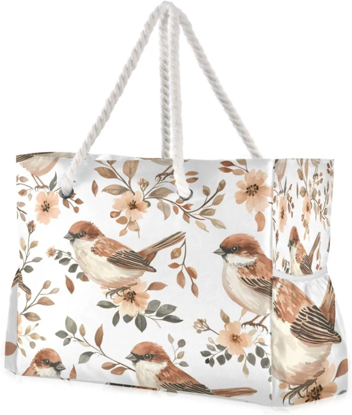 Beach Bag - Large Tote Bags for Women Sparrow Flower Pattern Birds Shoulder Bags Zipper Waterproof Sandproof for Travel Gym Swim Daily