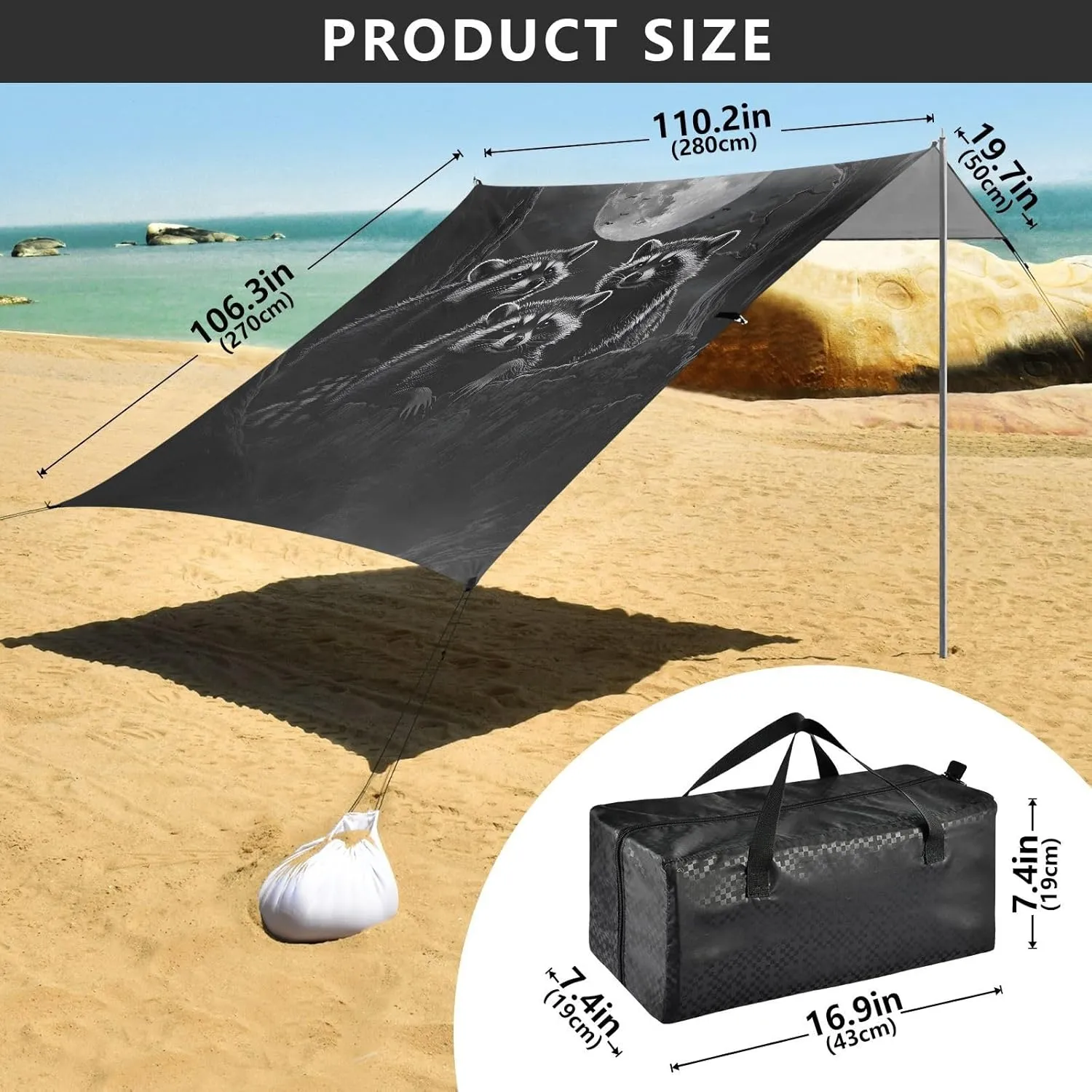 Beach Canopy Tent Sun Shade Outdoor Patio 9.2 × 10.5 FT Mystical Raccoons Moon Black Camping Sun Shelter Print Waterproof with Sand Bags Poles