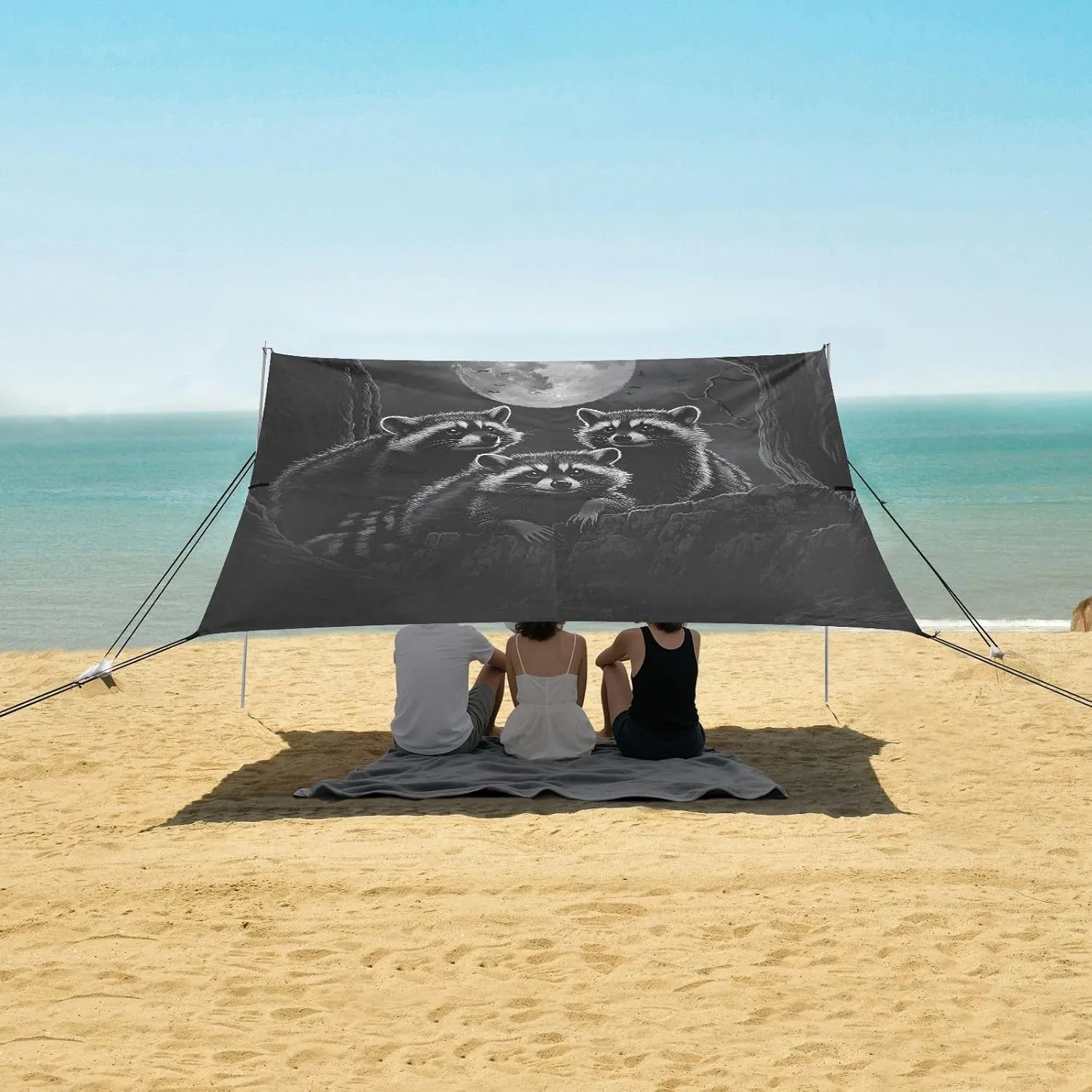 Beach Canopy Tent Sun Shade Outdoor Patio 9.2 × 10.5 FT Mystical Raccoons Moon Black Camping Sun Shelter Print Waterproof with Sand Bags Poles