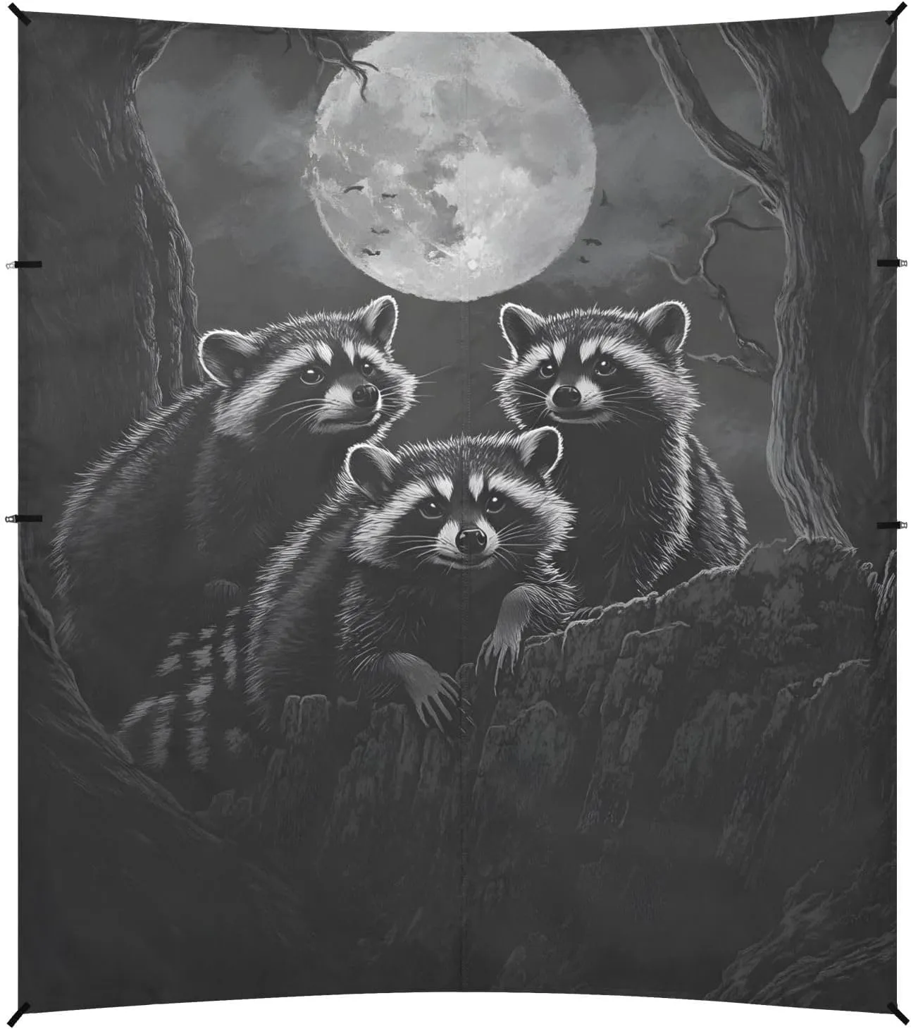 Beach Canopy Tent Sun Shade Outdoor Patio 9.2 × 10.5 FT Mystical Raccoons Moon Black Camping Sun Shelter Print Waterproof with Sand Bags Poles