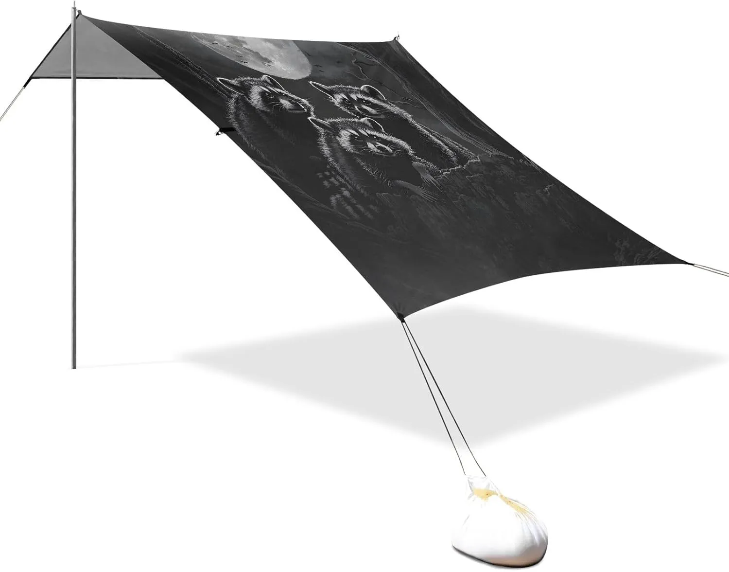 Beach Canopy Tent Sun Shade Outdoor Patio 9.2 × 10.5 FT Mystical Raccoons Moon Black Camping Sun Shelter Print Waterproof with Sand Bags Poles