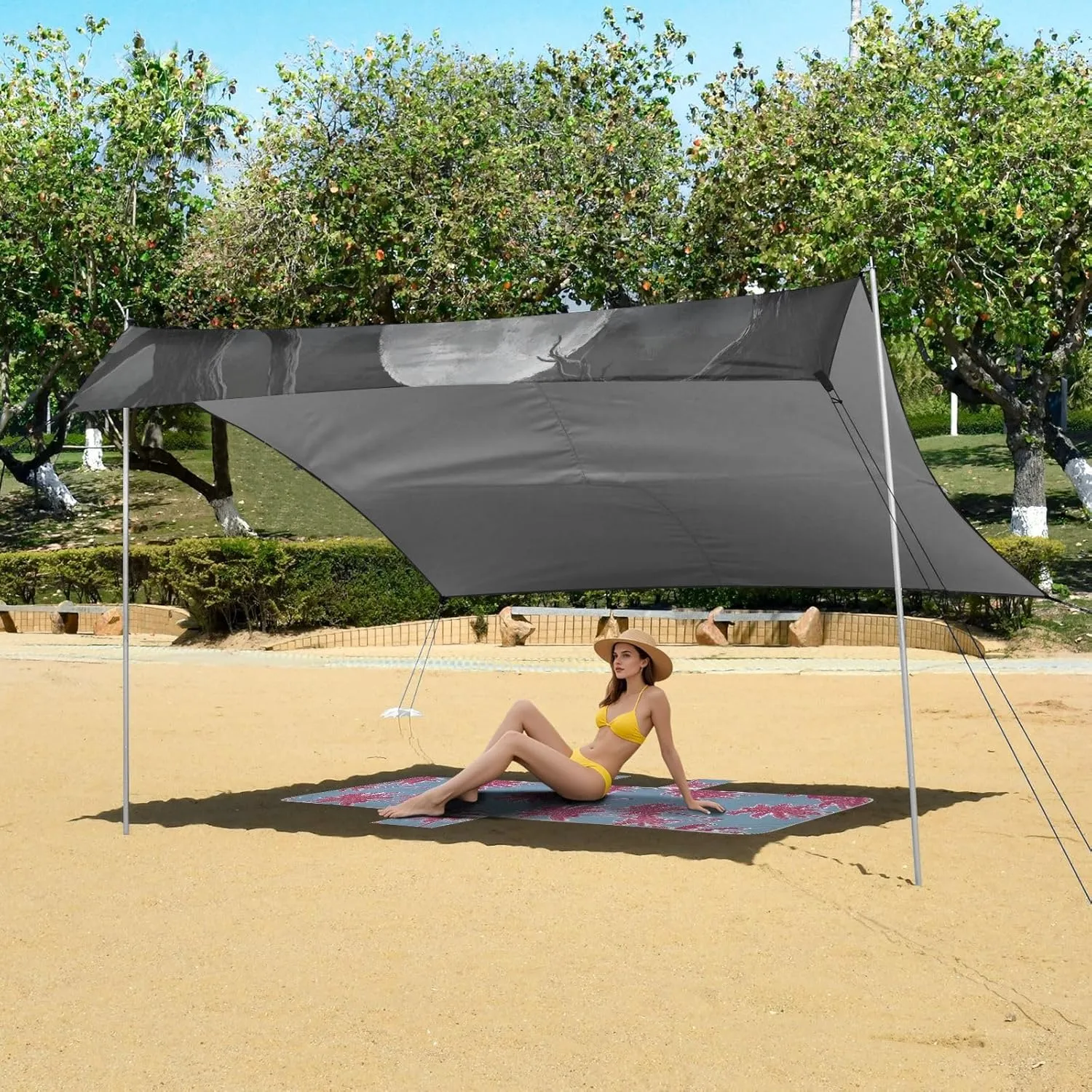 Beach Canopy Tent Sun Shade Outdoor Patio 9.2 × 10.5 FT Mystical Raccoons Moon Black Camping Sun Shelter Print Waterproof with Sand Bags Poles