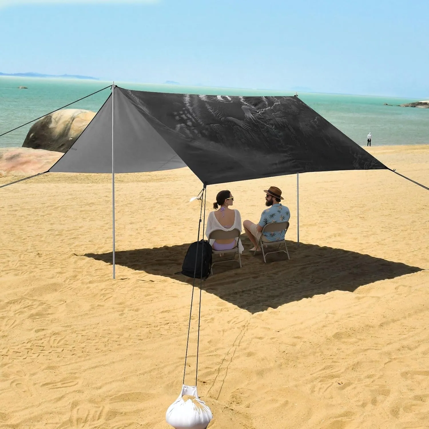 Beach Canopy Tent Sun Shade Outdoor Patio 9.2 × 10.5 FT Mystical Raccoons Moon Black Camping Sun Shelter Print Waterproof with Sand Bags Poles