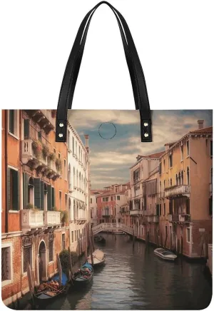 Beautiful Venice Canal View Tote Bag Leather Handbag Shopper Purse Shoulder Bag for Women Office Laptop Bag Gift